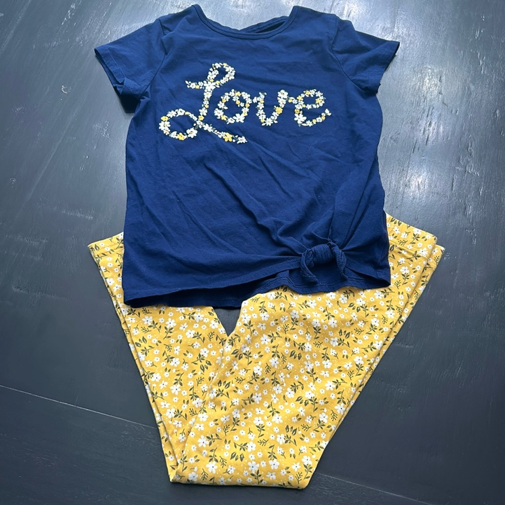 Carters size 10 outfit blue short sleeve top and yellow floral leggings - Picture 1 of 9